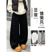 黑色加绒阔腿裤女秋冬季新款大码休闲宽松小个子运动卫裤_418_747