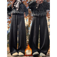 黑色羊羔绒裤子女冬加绒加厚小个子雪尼尔特厚毛呢休闲阔腿裤