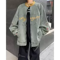 夹克男春秋季美式宽松立领水洗牛仔夹克男女同款百搭机车上衣外套