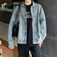 夹克男春秋季美式潮牌做旧水洗撞色牛仔夹克男女复古翻领宽松外套