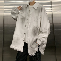 夹克男牛仔外套男春秋季美式复古潮牌毛边翻领工装痞帅潮流夹克男