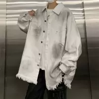 夹克男牛仔外套男春秋季美式复古潮牌毛边翻领工装痞帅潮流夹克男