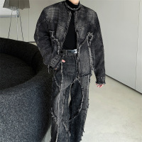 套装男春秋季新款复古美式潮牌垫肩牛仔夹克外套男痞帅立领两件套