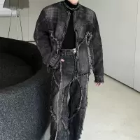 套装男春秋季新款复古美式潮牌垫肩牛仔夹克外套男痞帅立领两件套