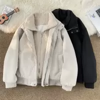 春秋季新款假两件夹克男潮流痞帅上衣美式宽松毛呢夹克连帽男外套