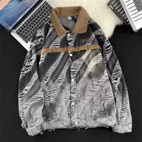 春秋季新款韩版水洗斑马纹牛仔夹克外套复古潮牌时尚宽松夹克上衣