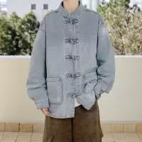 春秋新款男士牛仔外套水洗做旧长袖盘扣衬衫复古中式休闲夹克男装