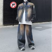 男装废土洗牛仔夹克套装男春秋季新款美式复古立领时尚两件套