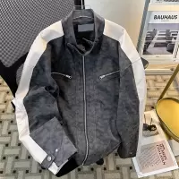 男装新款长袖拼皮垫肩立领潮牌男士机车夹克美式复古夹克外套上衣