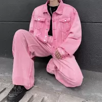 男装春秋季新款长袖夹克牛仔套装男复古做旧痞帅青少年潮夹克外套