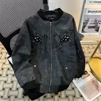 男装春秋新款蜘蛛刺绣pu皮夹克男休闲宽松百搭美式街头棒球服外套