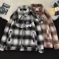 男装春秋新款韩版潮流翻领格子时尚百搭毛呢夹克宽松痞帅男士外套