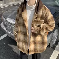 男装春秋潮牌美拉德格子显瘦毛呢夹克男女同款宽松连帽穿搭男外套