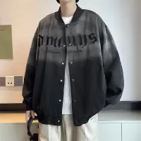 男装渐变棒球服男春秋季美式复古字母宽松百搭情侣款痞帅牛仔夹克