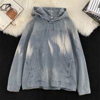 男装港洗复古牛仔卫衣男连帽春秋季新款潮牌日系宽松套头夹克