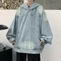 男装潮牌做旧水洗连帽牛仔卫衣男春秋季美式复古街头风宽松夹克男