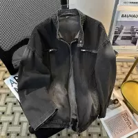 男装潮牌复古水洗拉链装饰美式小众机车牛仔夹克男春秋痞帅外套男