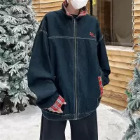 男装潮牌美式假两件格子拼接牛仔夹克外套日系复古休闲痞帅男夹克