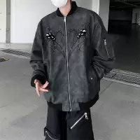 男装潮牌美式蜘蛛机车PU皮衣男春秋季宽松休闲棒球服立领男士外套