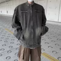 男装美式潮牌机车牛仔夹克男士春秋高街复古水洗宽松立领夹克外套