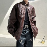 皮衣男美式高街春秋季复古感机车服痞帅立领工装夹克时尚男士外套