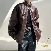 皮衣男美式高街春秋季复古感机车服痞帅立领工装夹克时尚男士外套