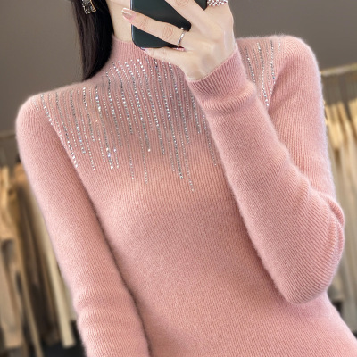 半高领镶钻女式打底衫秋季新款套头毛衣女修身内搭时尚针织衫