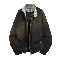 夹克男春秋季美式格纹工装夹克男女同款百搭宽松立领上衣复古外套