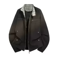 夹克男春秋季美式格纹工装夹克男女同款百搭宽松立领上衣复古外套