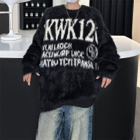 春秋季新款圆领毛衣男美式潮牌宽松百搭字母提花情侣慵懒风针织衫