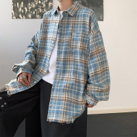 春秋新款格子衬衫男长袖美式高街潮牌休闲宽松翻领衬衣青少年外套