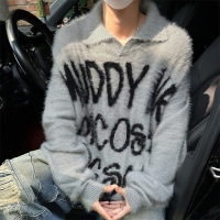 春秋新款貂毛翻领毛衣男美式街头复古字母宽松套头慵懒情侣针织衫