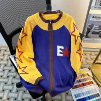 毛衣男撞色开衫春秋季美式潮牌休闲针织上衣宽松潮牌立领情侣外套