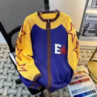 毛衣男撞色开衫春秋季美式潮牌休闲针织上衣宽松潮牌立领情侣外套