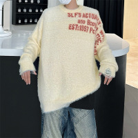 毛衣男美式潮牌仿貂毛春秋季新款潮流创意提花字母宽松情侣针织衫