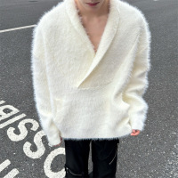 毛衣男美式潮牌慵懒貂毛V领春秋宽松百搭休闲纯色毛衣针织衫