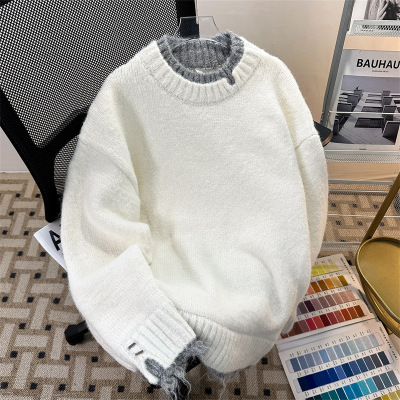 男装假两件圆领毛衣男春秋季新款韩系慵懒风情侣白色针织衫上衣男