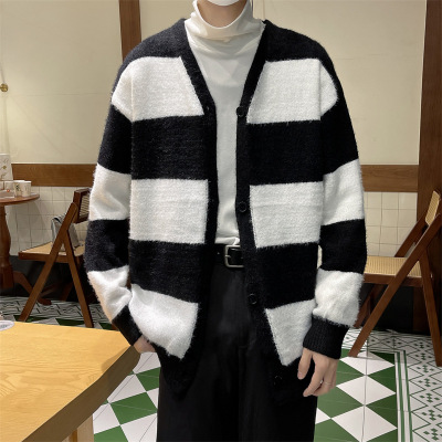 男装撞色开衫针织毛衣男春秋季新款宽松慵懒风百搭上衣外套男