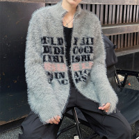 男装新款毛衣美式复古字母提花情侣开衫毛衣男士慵懒风针织衫外套