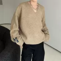 男装日系复古慵懒风V领简约中性毛衣街头潮牌宽松百搭套头针织衫