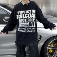 男装潮牌提花字母毛衣春秋新款宽松街头毛边情侣慵懒风针织衫上衣