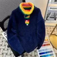 男装潮牌撞色保暖毛衣男彩虹高领慵懒风针织衫情侣款长袖上衣