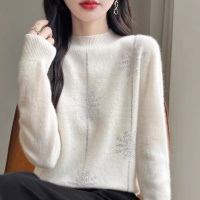 秋冬新款半高领毛衣雪花烫钻气质毛衣女安迪绒宽松套头针织打底衫