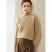 半高领加厚山羊绒针织打底衫女长袖毛衣绞花设计百搭亲肤保暖上衣