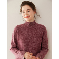 半高领山羊绒衫女花纱套头毛衣宽松百搭落肩袖保暖针织打底衫上衣