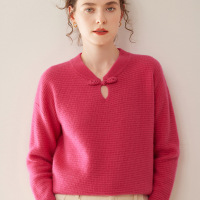 复古盘扣山羊绒女长袖套头毛衣秋冬双股加厚宽松百搭羊毛打底衫