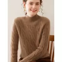 山羊绒针织打底衫秋冬女长袖宽松麻花半高领厚款保暖内搭羊绒毛衣
