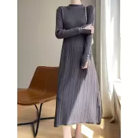 新款安迪绒针织连衣裙女自带领通勤气质休闲纯色简约套头A字长裙