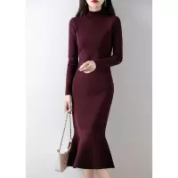 法式针织鱼尾裙女修身连衣裙秋冬新款长袖半高领打底裙气质中长裙