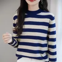秋冬半高领条纹长袖针织衫女套头时尚宽松内搭上衣打底衫毛衣